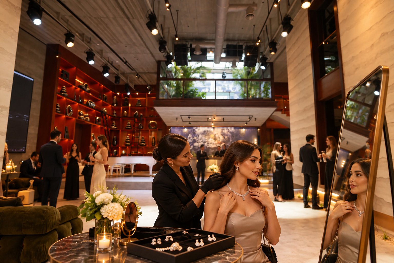 Client trying on a diamond necklace under warm lighting at a private jewellery event in Dubai