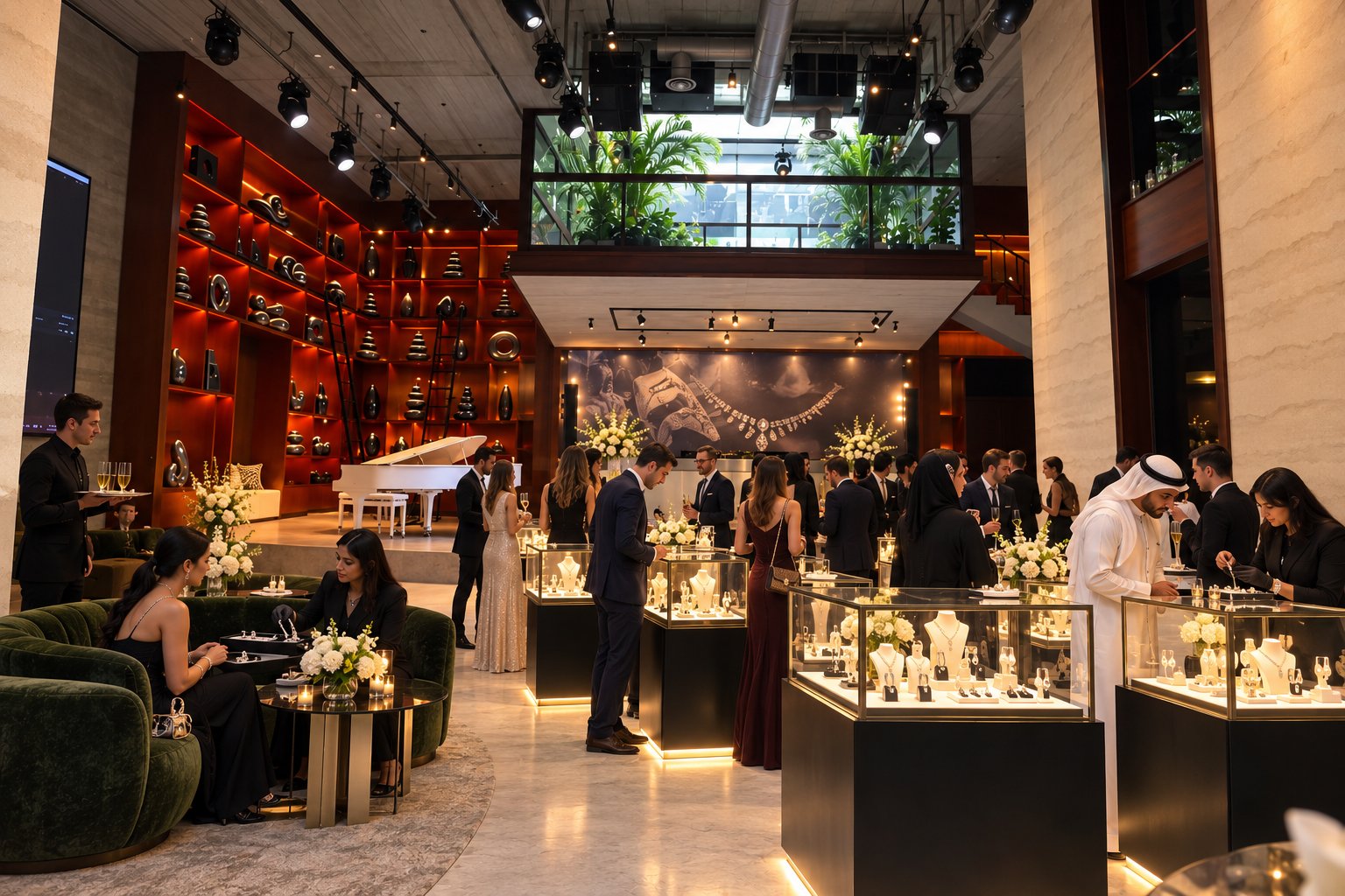 Jewellery display cases and seated viewing area at Someone’s House Dubai