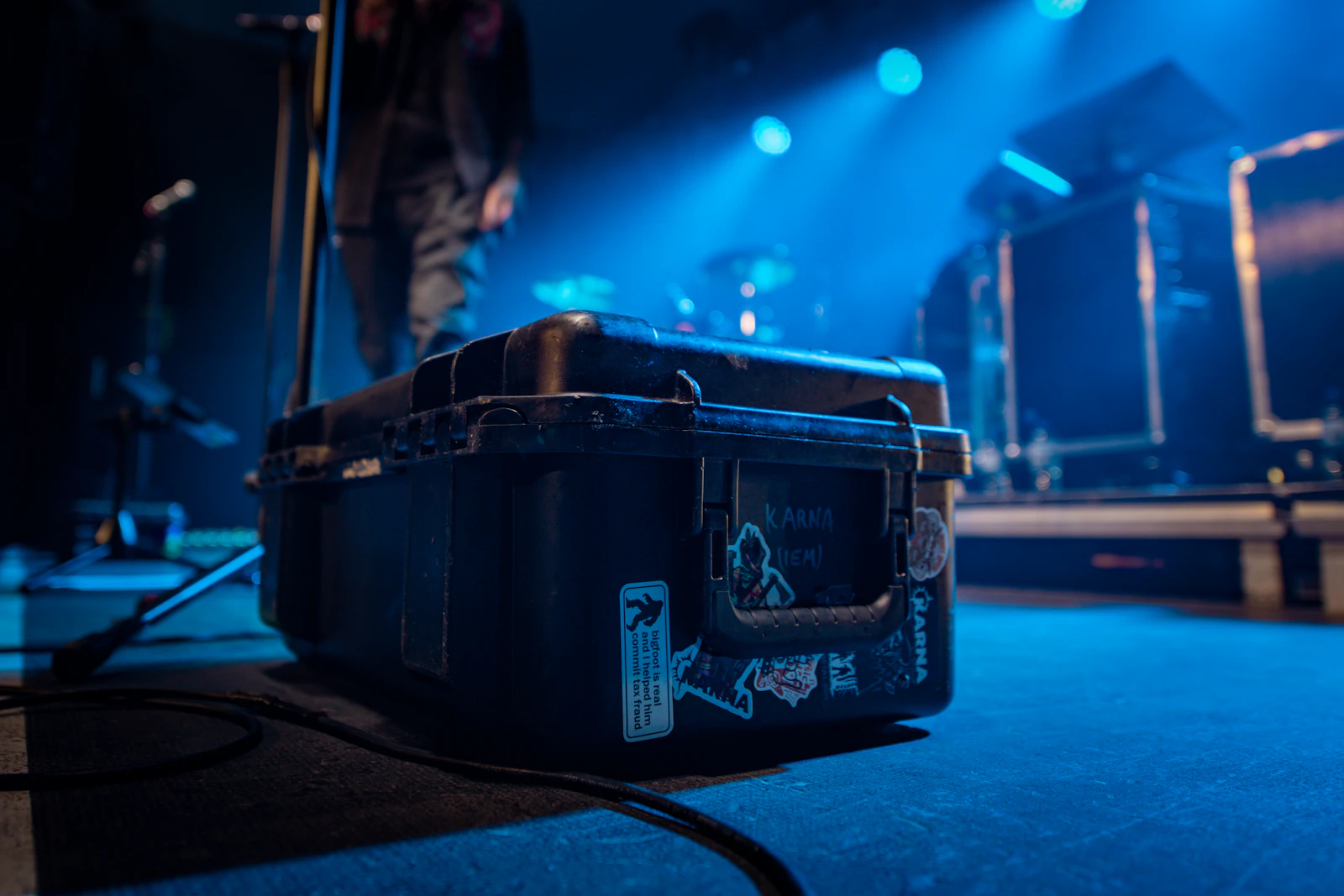 Concert equipment road case on stage during production setup
