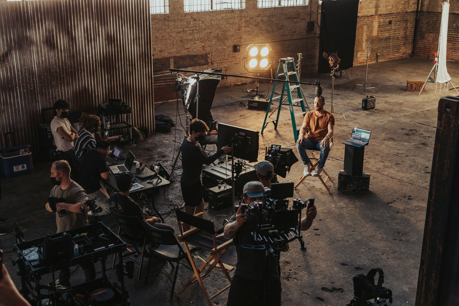 Film crew on set during a video shoot day