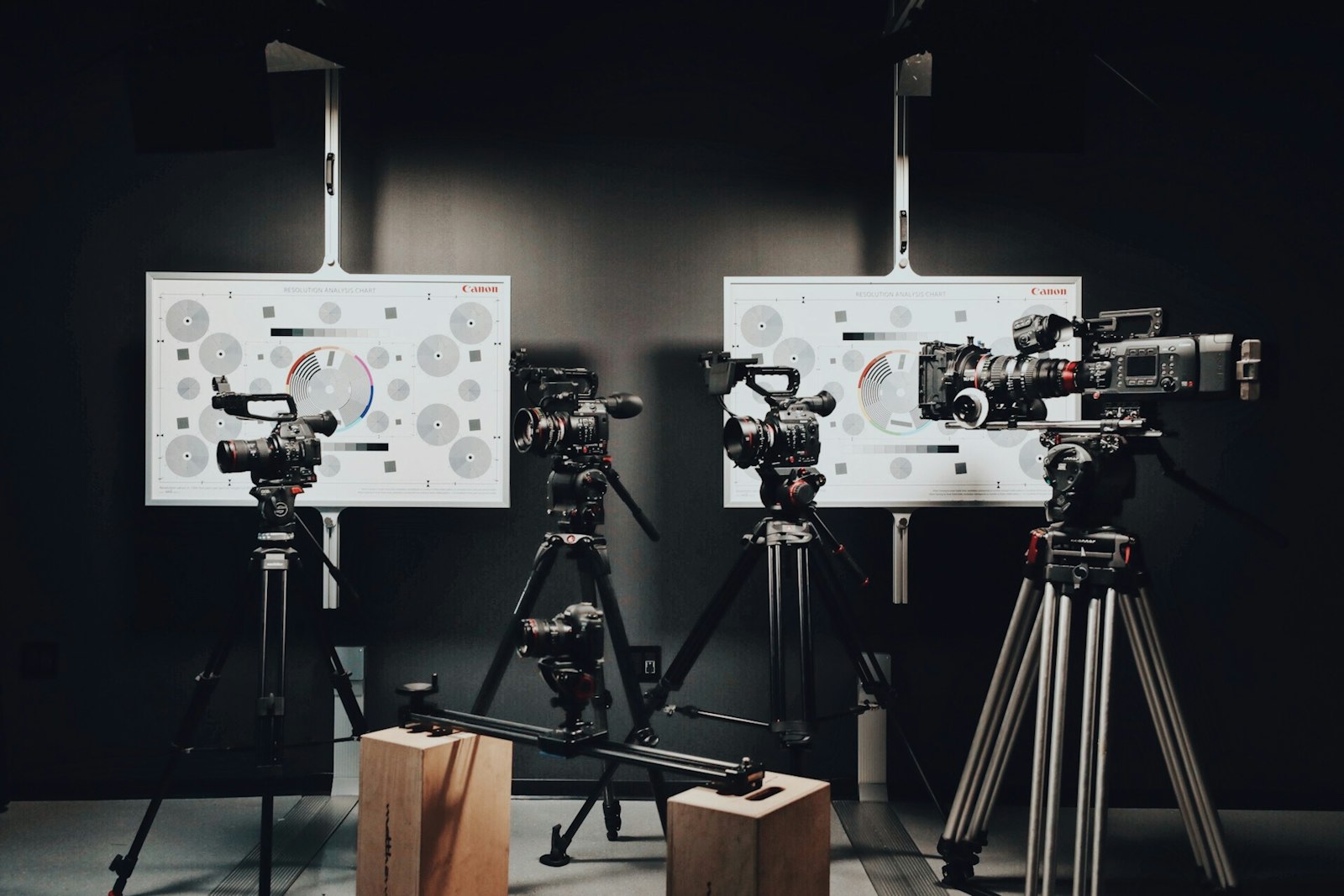 Cinema cameras set up inside a video production studio