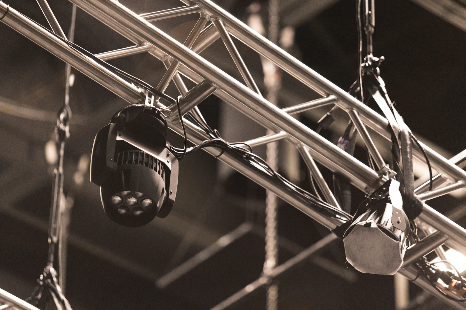 Stage lighting fixtures mounted on a truss for concert production
