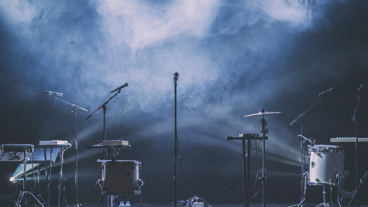 Musical instruments and microphones set up on a live entertainment stage