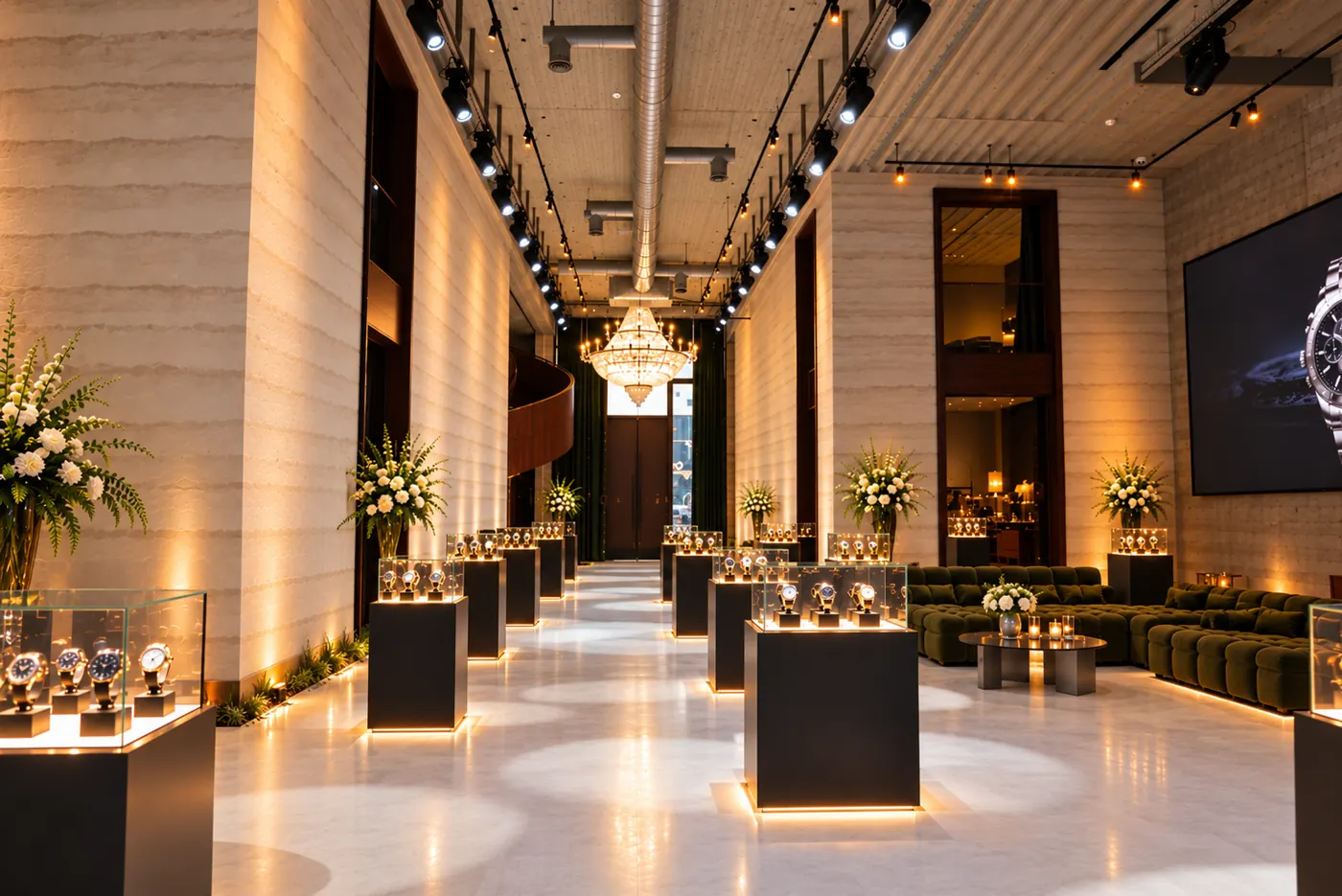 Private watch launch venue setup with lit display cases at Someone’s House in Dubai