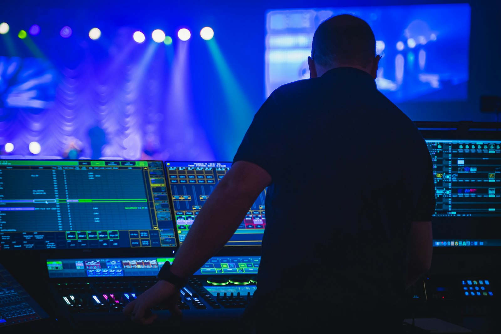 Sound engineer operating a mixing console during a live event