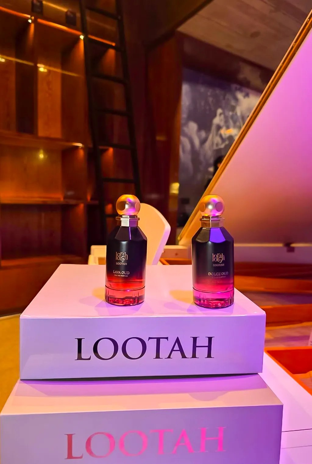 Lootah Lava Oud and Dolce Oud bottles displayed on Lootah boxes