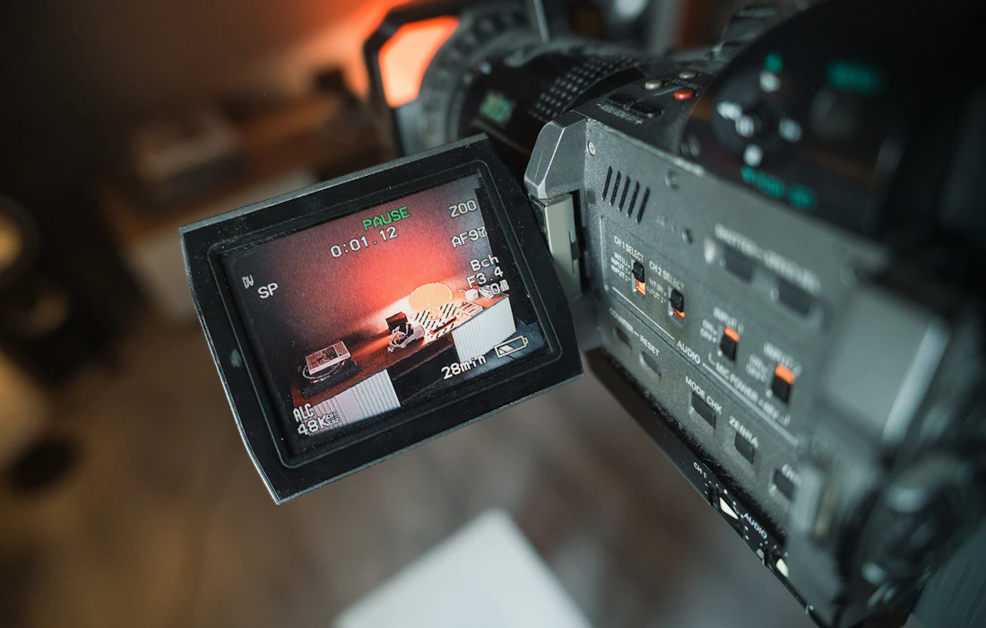Video camera monitor showing the framed shot during production