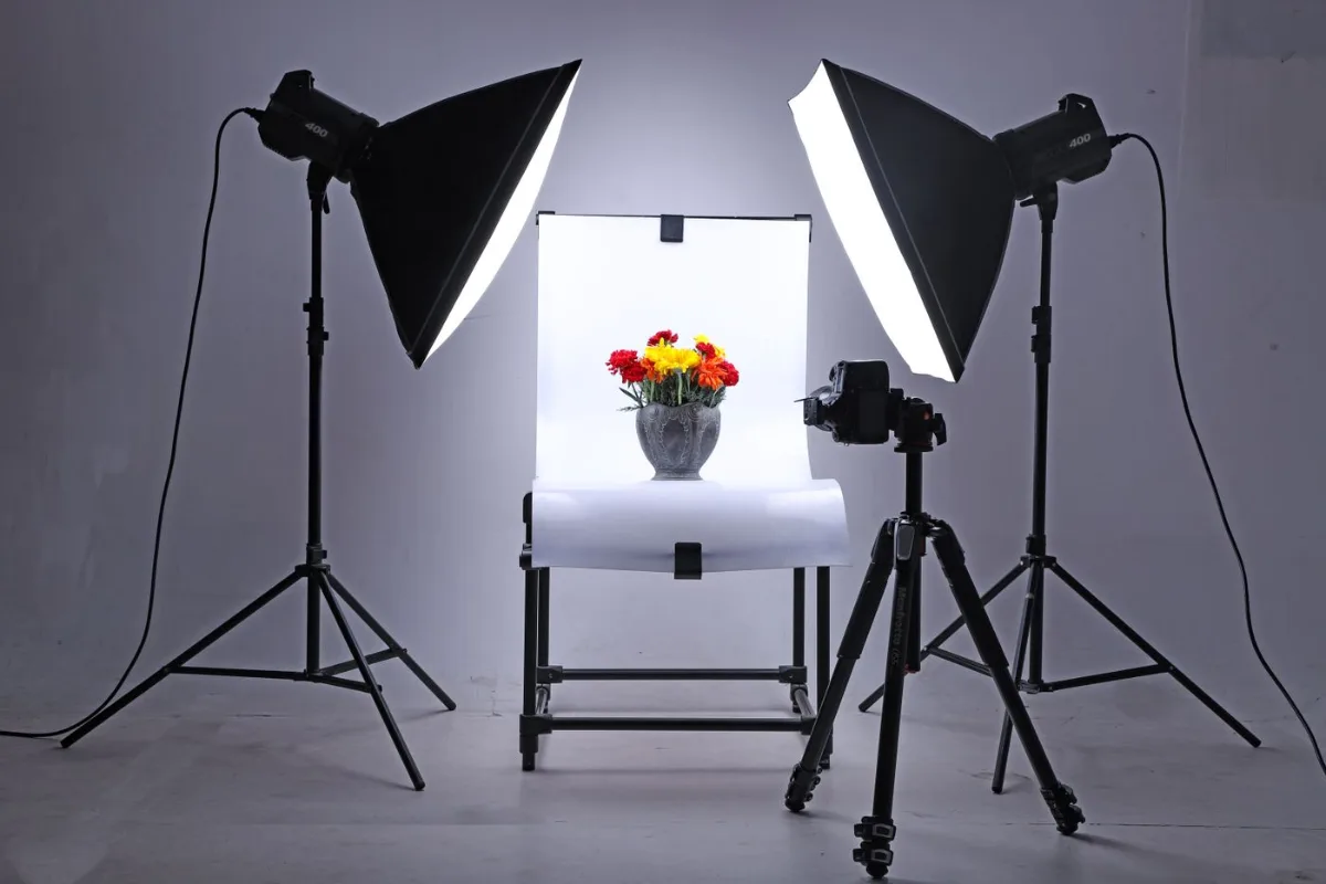 Product styled on a lit studio set for a commercial shoot