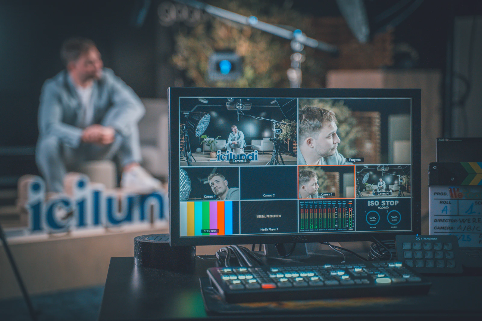 Video production studio with monitors for commercial video editing