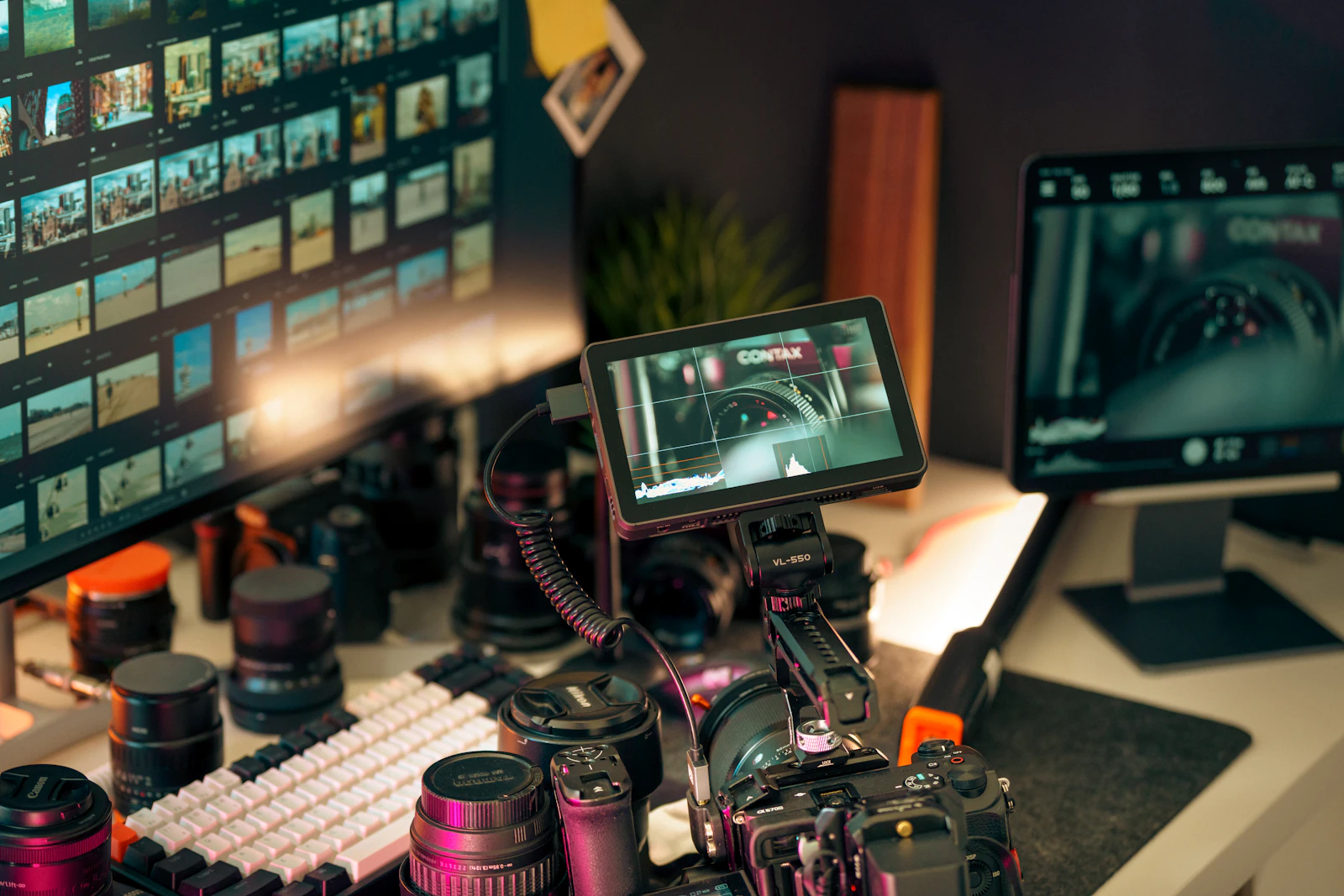 Filmmaker camera, lens and monitor setup for commercial video production