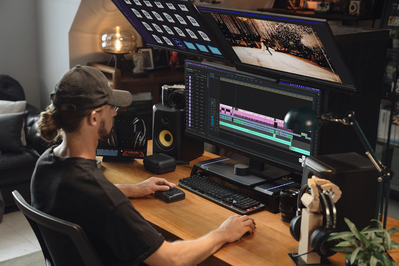 Video editor working on post-production at an editing workstation Video editor working on post-production at an editing workstation