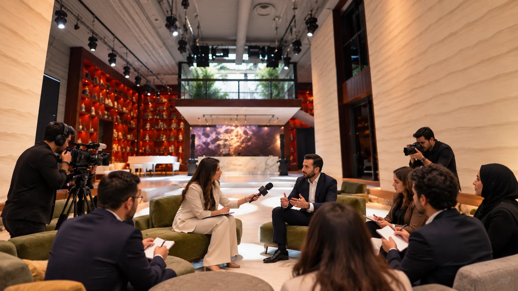 Journalist interviewing a spokesperson during a private press briefing at Someone’s House, Dubai