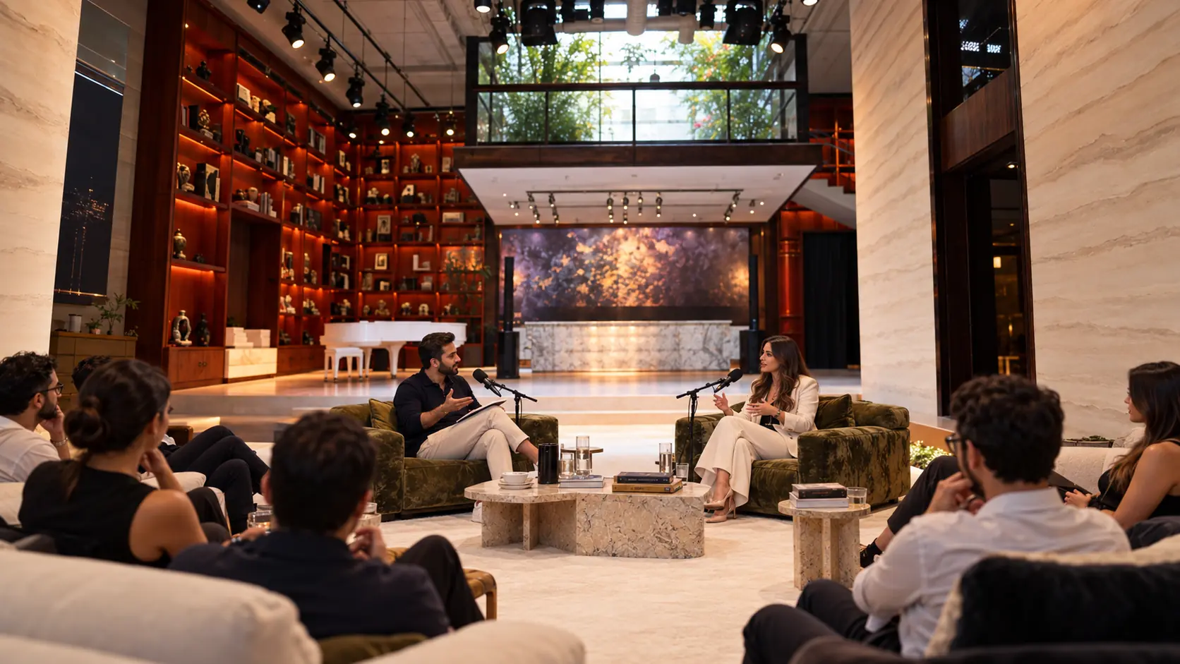 Podcast hosts recording live in front of an audience at Someone’s House Dubai