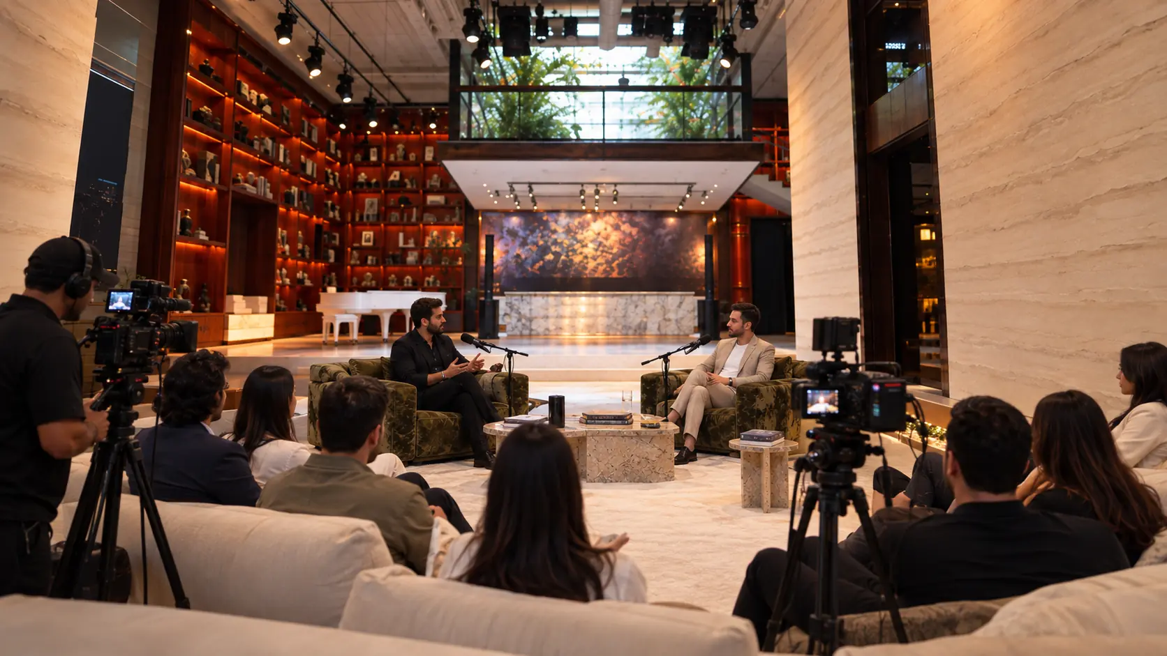 Multi-camera live podcast recording setup with audience seating