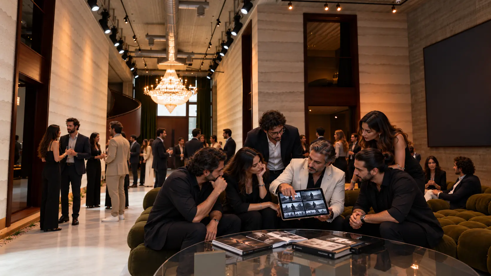 Filmmaker sharing film stills with guests on a tablet