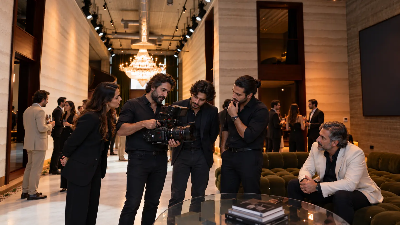 Guests discussing a cinema camera at a film industry evening