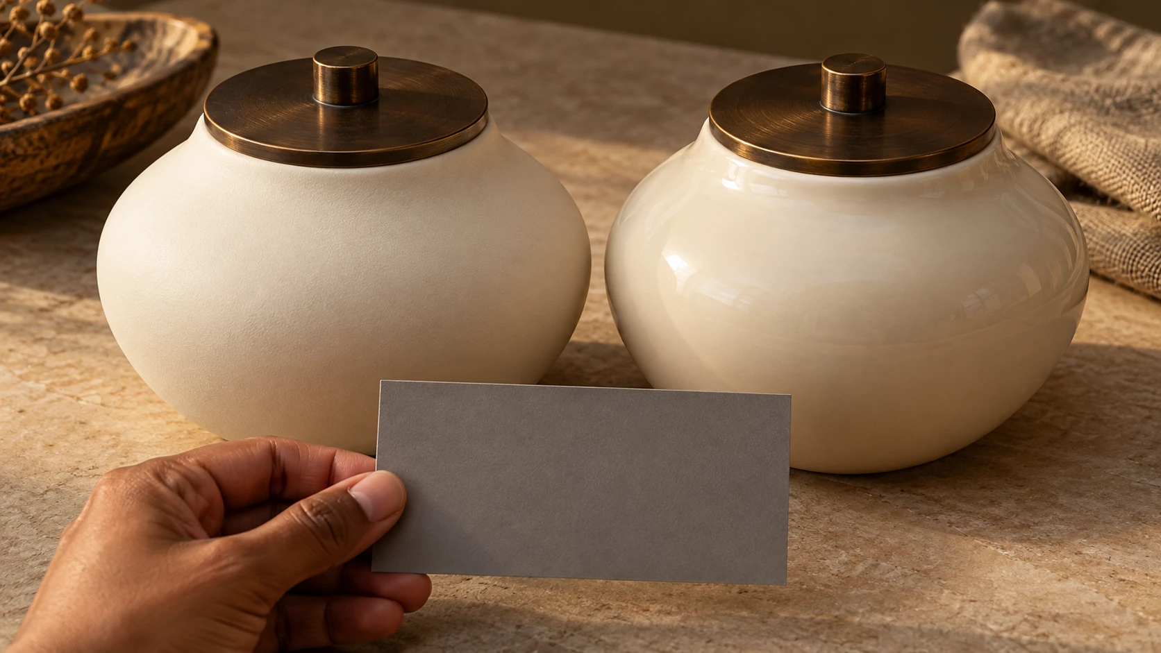 Matte and glossy ivory ceramic urns with bronze lids compared side by side for material approval before a luxury product commercial in Dubai