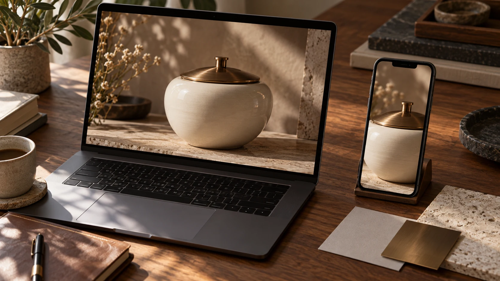 Luxury product commercial reviewed on a laptop and smartphone to check the ceramic vessel at viewer screen sizes