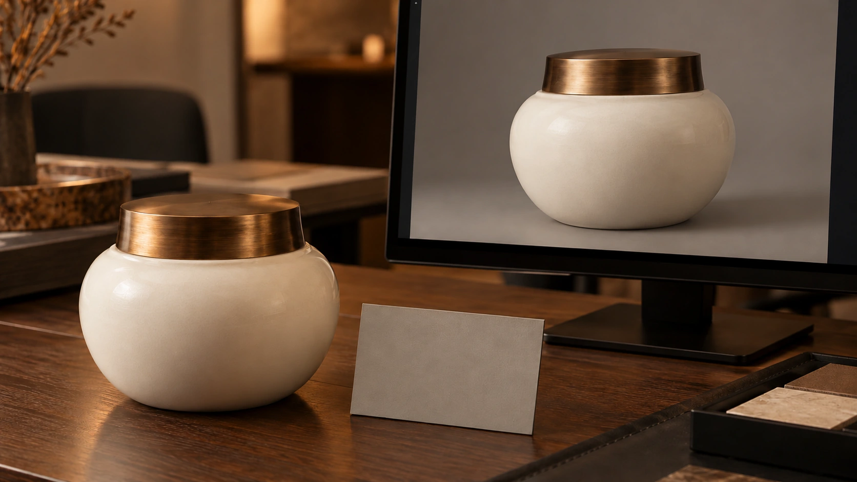 Ivory ceramic vessel with bronze lid beside a monitor showing the filmed product for color comparison