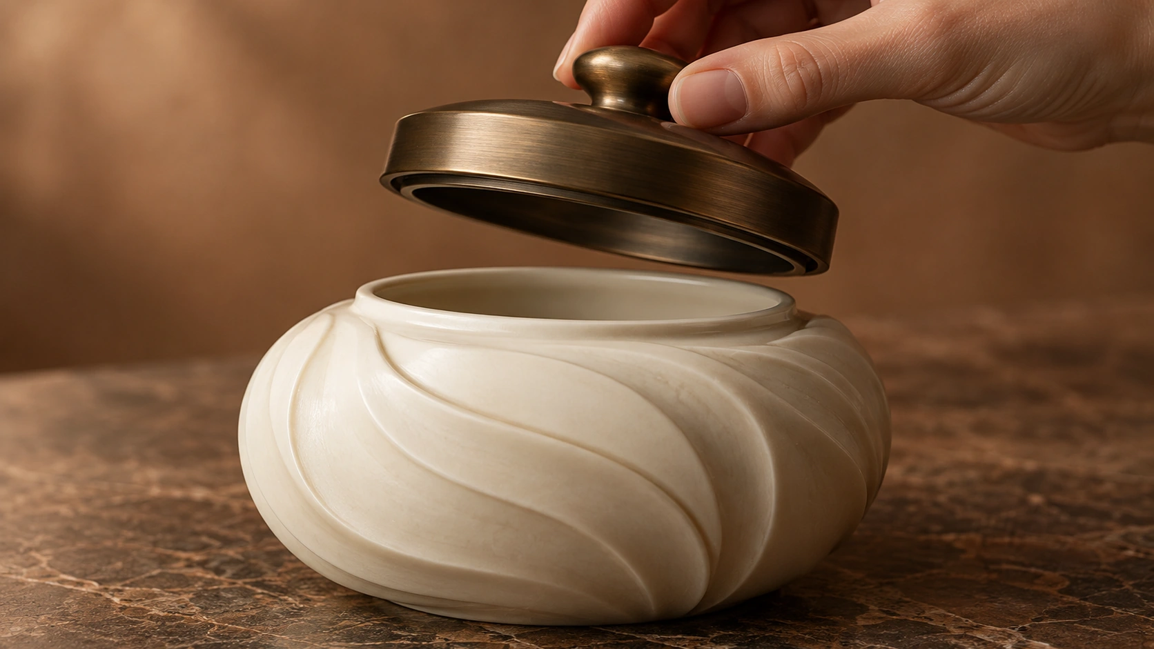 Hand lifting a brushed bronze lid from a carved ivory ceramic vessel to test lid movement on camera