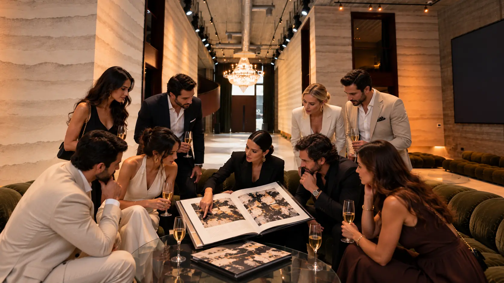 Host guiding art collectors through an art book during a dinner gathering in Dubai