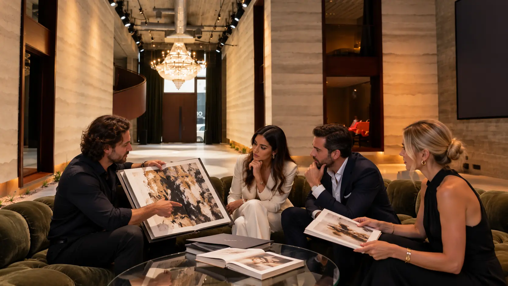 Artist sharing his work from an art book with collectors seated in a lounge