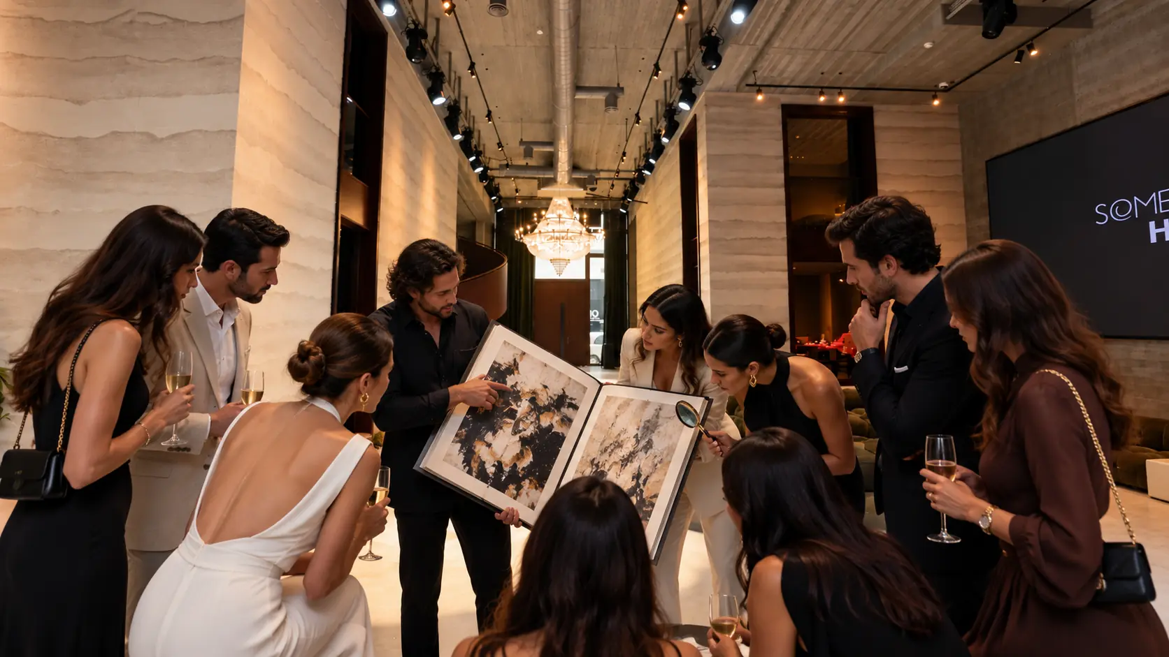 Guests viewing approved images of artworks in a large art book held by the artist