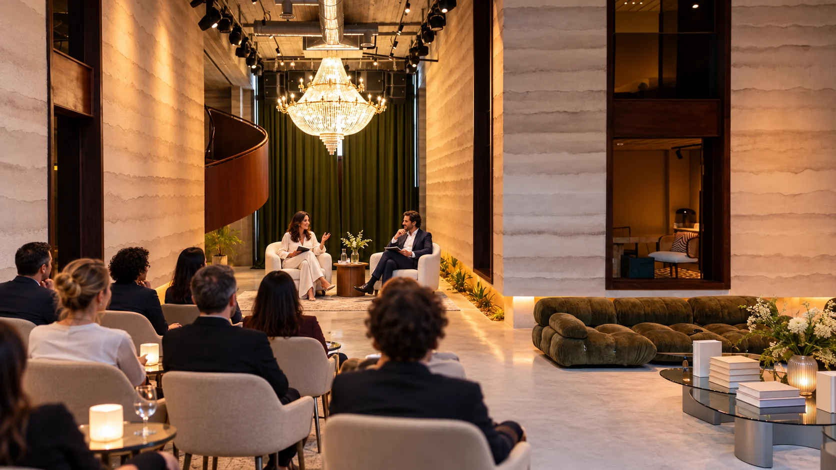Author and moderator in conversation before seated guests in the Someone’s House salon