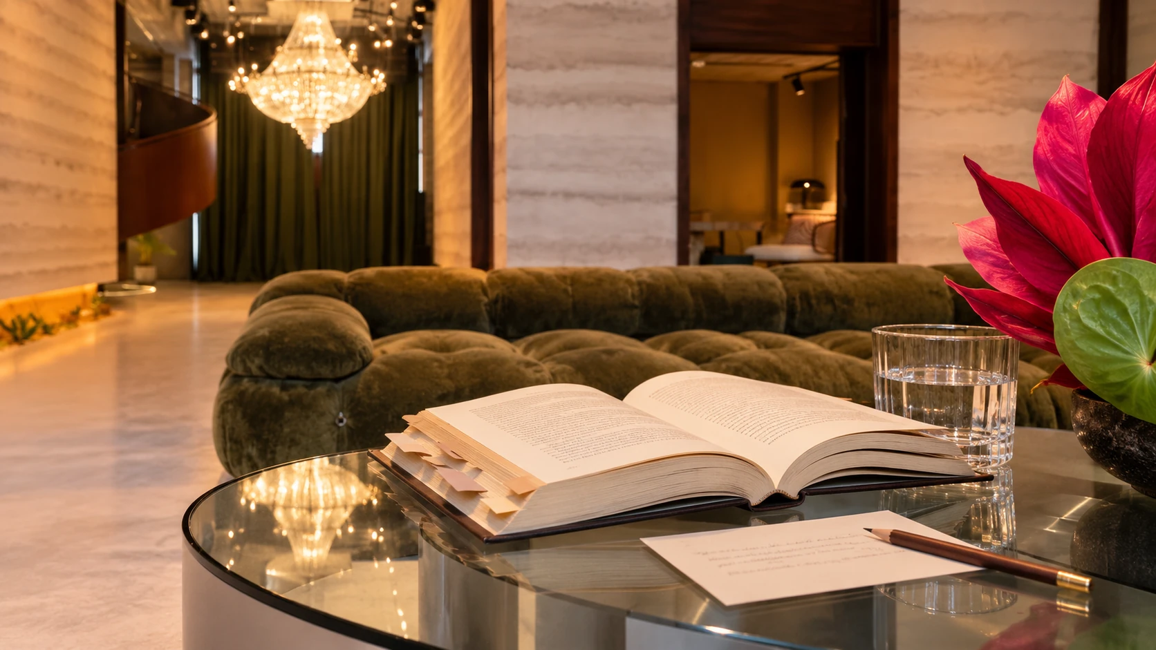 Open reading copy with page markers on a lounge table at a Dubai book launch venue
